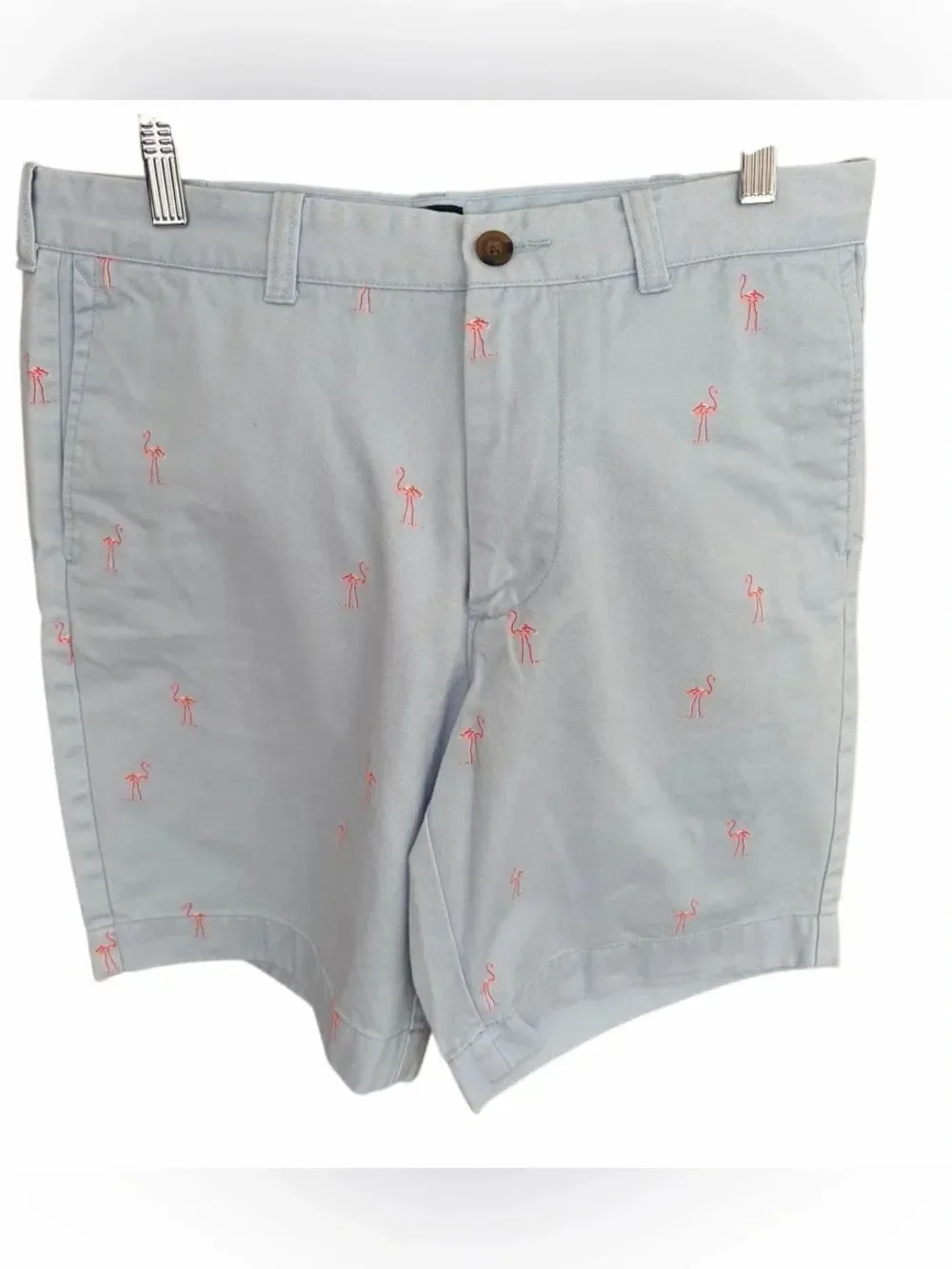 J.Crew Gramercy chino shorts,light blue w/ flamingo pattern size 33.